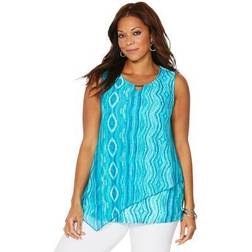 Catherines Plus Women's Mesh Keyhole Tank in Teal Ikat Geo (Size 0X)