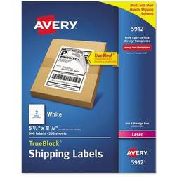 Avery TrueBlock Shipping Labels, Laser, Half Sheet, White, 500ct