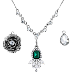 1928 Jewelry Link Flower Pendant Necklace Set - Silver/Transparent/Green
