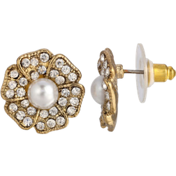 1928 Jewelry Flower Stud Earrings - Gold/Pearl/Diamonds
