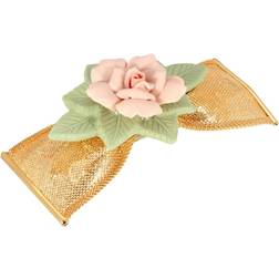 Gold Tone Large Pink & Green Porcelain Flower Mesh Bow Hair Barrette