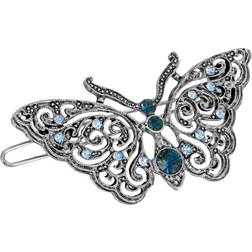 1928 Silver Tone Blue Crystal Butterfly Barrette