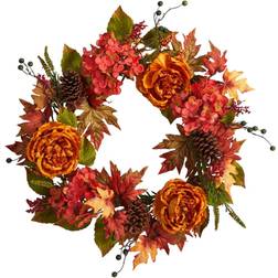 Nearly Natural 25" Ranunculus, Hydrangea & Berries Autumn Artificial Wreath