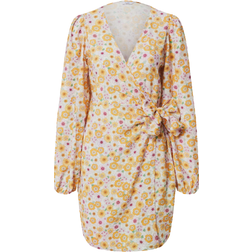 Envii mini wrap dress with balloon sleeves in retro sunflower print-Yellow