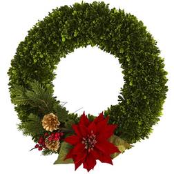 Nearly Natural 18 in. Tea Leaf, Poinsettia and Pine Artificial Wreath
