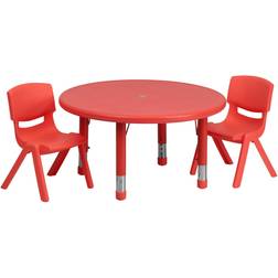 Flash Furniture Round Plastic Height-Adjustable Activity Table With 2 Chairs, 23-3/4" x 33" Red