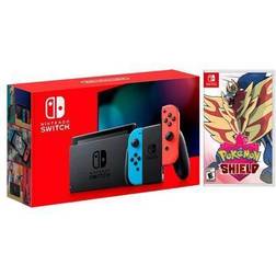 Nintendo 2019 New Switch Red/Blue Joy-Con Improved Battery Life Console Bundle with Pokemon Shield