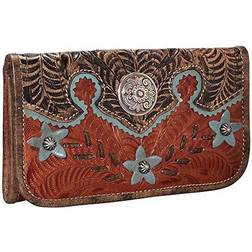 American West 5683282 Wildflower Ladies Tri-Fold Wallet Antique Brown Distressed Charcoal Brown & Sky Blue