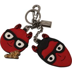 Dolce & Gabbana Red Leather Silver Tone Devil Studded Keychain