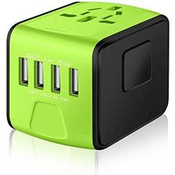 SAUNORCH Universal International Travel Power Adapter W/Smart High Speed 2.4A 4xUSB, European Plug Adapter, Worldwide AC Outlet Plugs Adapters for Europe, UK, USA, AU, Asia-Green