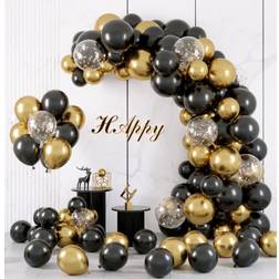 RUBFAC Black and Gold Balloons Garland Arch Kit with Black Gold Confetti Balloons for Graduation Birthday Party Decorations