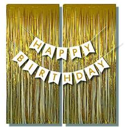 White and Gold Happy Birthday Banner Sign with Two Matching Gold Curtains Sturdy Preassembled Party Decorations by Dream VZN