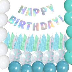 Turquoise Birthday Party Decorations for boys girls men women, Happy Birthday Banner with 15 tiffany blue Paper tassel and 20 Balloons,first 10th 16th 18th 21st 30th 40th 50th Birthday Party Supplies