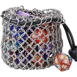 YOUSHARES Drawstring Game Dice Bag Stainless Steel Chainmail DND Dice Pouch for Metal Polyhedral D&D Dice Set, Coin