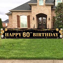 Large Happy 60th Birthday Decoration Banner, Black and Gold Happy 60th Birthday Banner Sign, 60th Birthday Party Decorations Supplies(9.8x1.6ft)