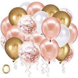 Rose Gold Confetti Latex Balloons, 60 Pack White Gold Balloon 12 inch Birthday Balloons with Gold Ribbon for Party Wedding Bridal Shower Decorations