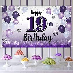 LASKYER Happy 19th Birthday Purple Large Banner Cheers to Nineteen Years Old Birthday Home Wall Photoprop Backdrop,19th Birthday Party Decorations