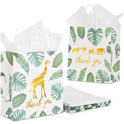 12 Pack Safari Party Thank You Bags with Tissue Paper Wild One Birthday Decorations for Girls and Boys 8 x 9 x 4 in