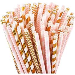 ALINK Biodegradable Paper Straws 100 Pink Straws/Gold Straws for Party Supplies Birthday Wedding Bridal/Baby Shower Decorations and Holiday Celebrations