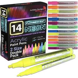 14 Pack Neon Fluorescent Acrylic Paint Pens, Double Pack of Both Extra Fine and Medium Tip Paint Markers, for Rock Painting, Mug, Ceramic, Glass, and More, Water Based Non-Toxic and No Odor