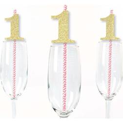 Gold Glitter 1 Party Straws No-Mess Real Gold Glitter Cut-Out Numbers & Decorative 1st Birthday Paper Straws -24 Ct