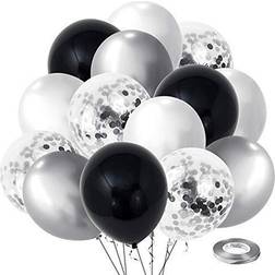 Black Silver Confetti Latex Balloons,60pcs 12 inch Black White Silver Metallic Chrome and Silver Confetti Balloons for Birthday, Baby Shower, Wedding, and Silver Theme Party Decoration
