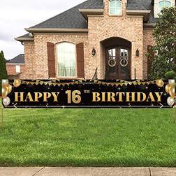 Large Happy 16th Birthday Decoration Banner, Black and Gold Happy 16th Birthday Banner Sign, 16th Birthday Party Decorations Supplies(9.8x1.6ft)