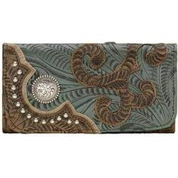 American West Annies Secret Collection Ladies' Tri-Fold Wallet - Distressed Charcoal Brown/Turquo
