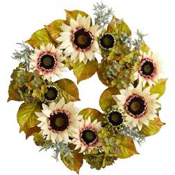 Nearly Natural 24" Sunflower and Hydrangea Artificial Autumn Wreath Decorative Item