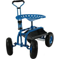 Sunnydaze Decor Blue Steel Rolling Garden Cart with Extendable Steering Handle, Swivel Seat and Basket