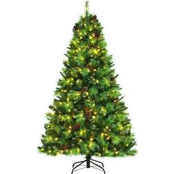 Costway 7ft Pre-lit Hinged Artificial w/Pine Cones Christmas Tree