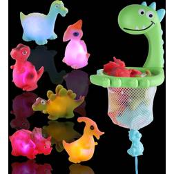 IPIGGO Light Up Bath Toy LED Floating Toys, 7 Color Dinosaur Bathtub Toys with Drawstring Hoop/ Suction Cups, Silicone Floating Squirts Animials Bathtime Toys for Kids Toddler, No RPA, Phthalate-Free