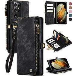 Defencase Samsung Galaxy S21 Ultra Case, Samsung S21 Ultra Wallet Case for Women Men, Durable PU Leather Magnetic Flip Lanyard Strap Wristlet Zipper Card Holder Phone Case for Galaxy S21 Ultra, Black