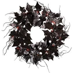 GlitzHome 26" D Lighted Halloween Bat Wreath Happy Halloween Wreath Front Door Decoration