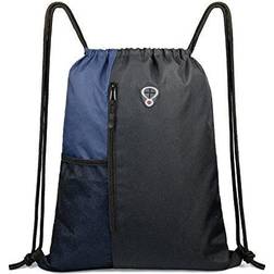 Drawstring Backpack Sports Gym Bag for Women Men Children Large Size with Zipper and Water Bottle Mesh Pockets (Black/Navy)