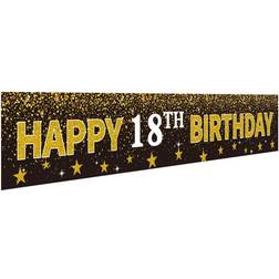 Ushinemi Happy 18th Birthday Banner Party Decorations, 18 Years Old Birthday Backdrop, Cheer to Eighteen Year Anniversary Large Signs, 9.8X1.6Ft, Gold and Black