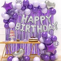 Purple Birthday Party Decorations Set with Purple Balloons Silver Happy Birthday Balloons Banner Purple Foil Fringe Curtain for Baby Shower Birthday Party