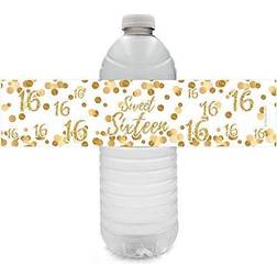 White and Gold Sweet Sixteen 16th Birthday Party Water Bottle Labels 24 Stickers
