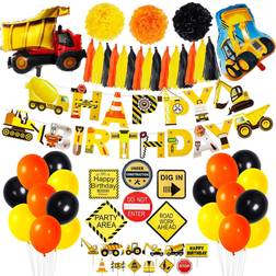 Garma 55 Pack Construction Birthday Party Supplies Dump Truck Party Decorations Kits Set with Excavator Foil Balloon,Balloons Garland,Tissue Pom Pom,Tassel,Birthday Banner for Boy Birthday Party Decorations