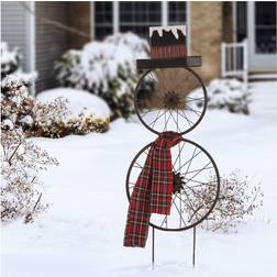 GlitzHome 36.63" H Metal Bike Wheel Snowman with Plaid Scarf Yard Wall Decor