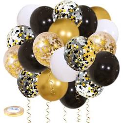 Zesliwy Black Gold Confetti Balloons 50 pack 12 Inch Gold White and Black Confetti Balloons with Ribbons for Graduation Birthday Wedding Party Decorations