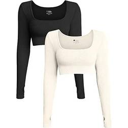 OQQ Ribbed Seamless Long Sleeve Crop Tops 2-pack