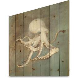 Designart Octopus Treasures the Sea Nautical & Coastal Print on Natural Pine