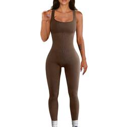 OQQ Women's Yoga Ribbed One Piece Sleeveless Jumpsuits - Coffee