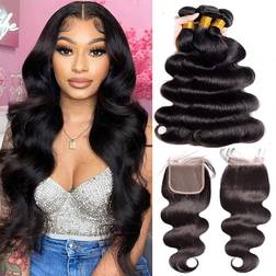 Fheaicr Body Wave Bundles with Closure 3-pack Natural Black