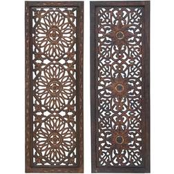 Benzara Floral Hand Carved Brown Panels, Assortment of Two Wall Decor