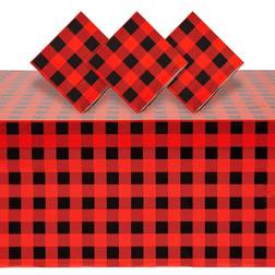 3 Pack Buffalo Plaid Plastic Tablecloth for Lumberjack Birthday Party Decorations, Disposable Red and Black Table Cover (54 x 108 in)