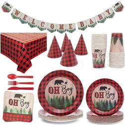 Lumberjack Baby Shower Decorations for Oh Boy Buffalo Plaid Party Supplies, Dinnerware, Tablecloth, Hats, Banner (Serves 24, 194 Pieces)