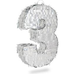 Small Silver Foil Number 3 Pinata for Kids 3rd Birthday Party Decorations (16.5 x 11.5 x 3 In)