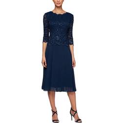 Alex Evenings Sequined Lace Contrast Dress Blue